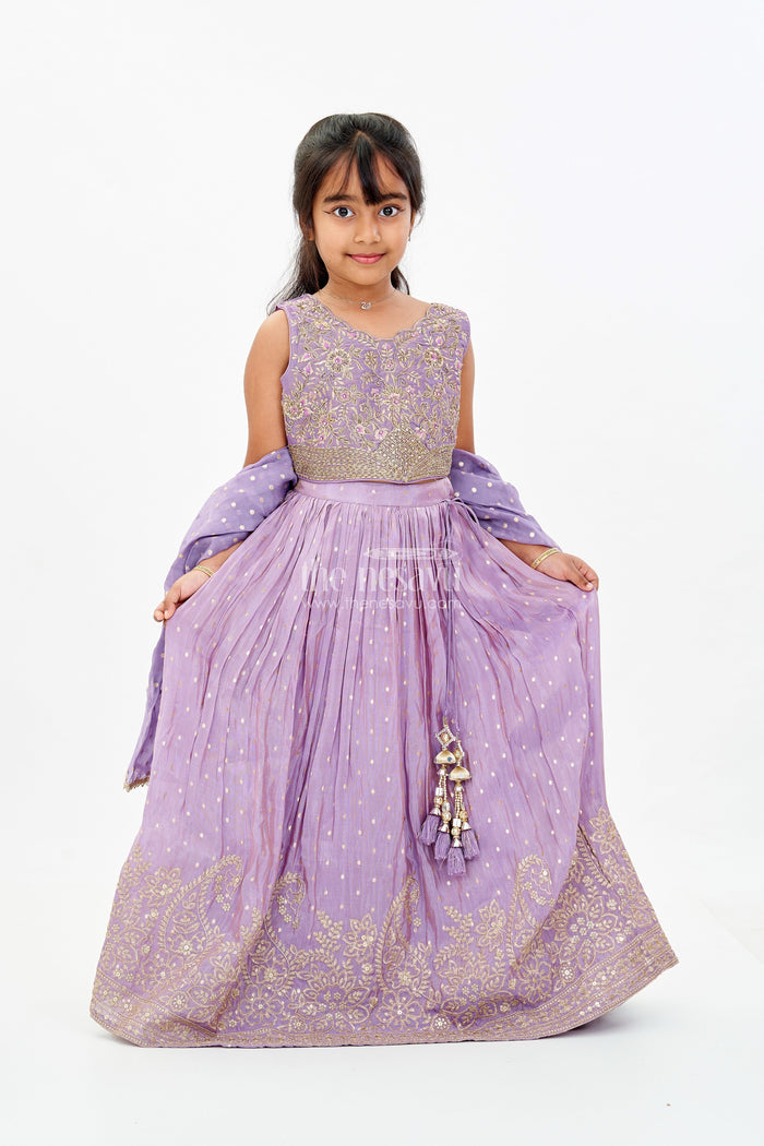 The Nesavu Girls Lehenga Choli Girls Embroidered Purple Lehenga with Floral Threadwork and Golden Border Detailing Nesavu 24 (5Y) / Maroon GL568A-24 Nesavu Girls Embroidered Purple Wedding Lehenga Gold Border Designer Dupatta