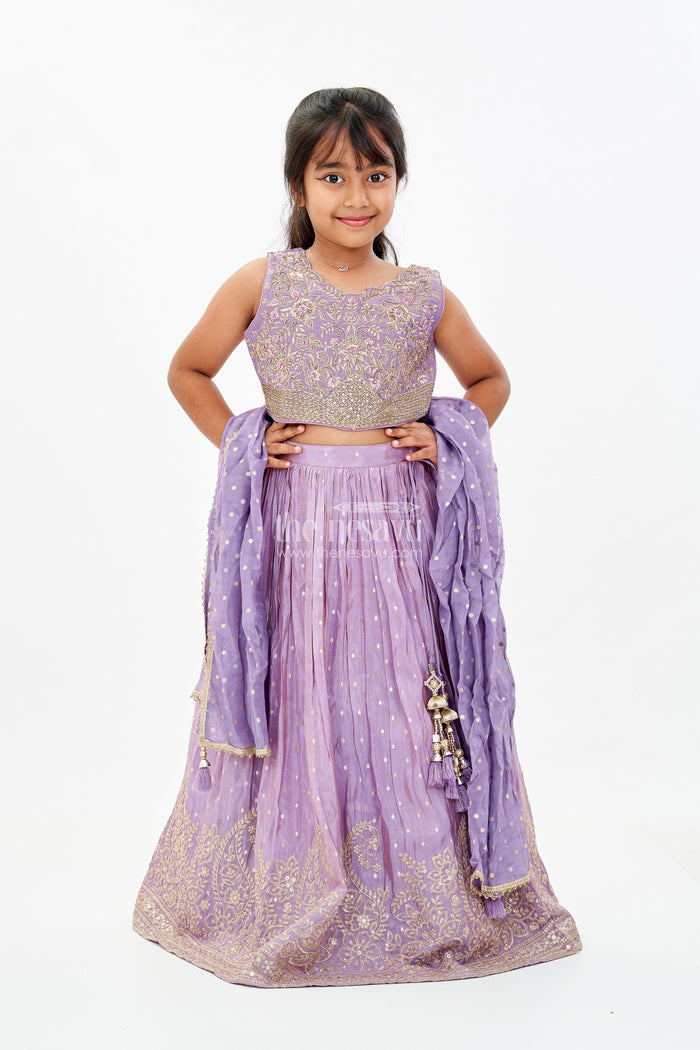 The Nesavu Girls Lehenga Choli Girls Embroidered Purple Lehenga with Floral Threadwork and Golden Border Detailing Nesavu Girls Embroidered Purple Wedding Lehenga Gold Border Designer Dupatta | The Nesavu