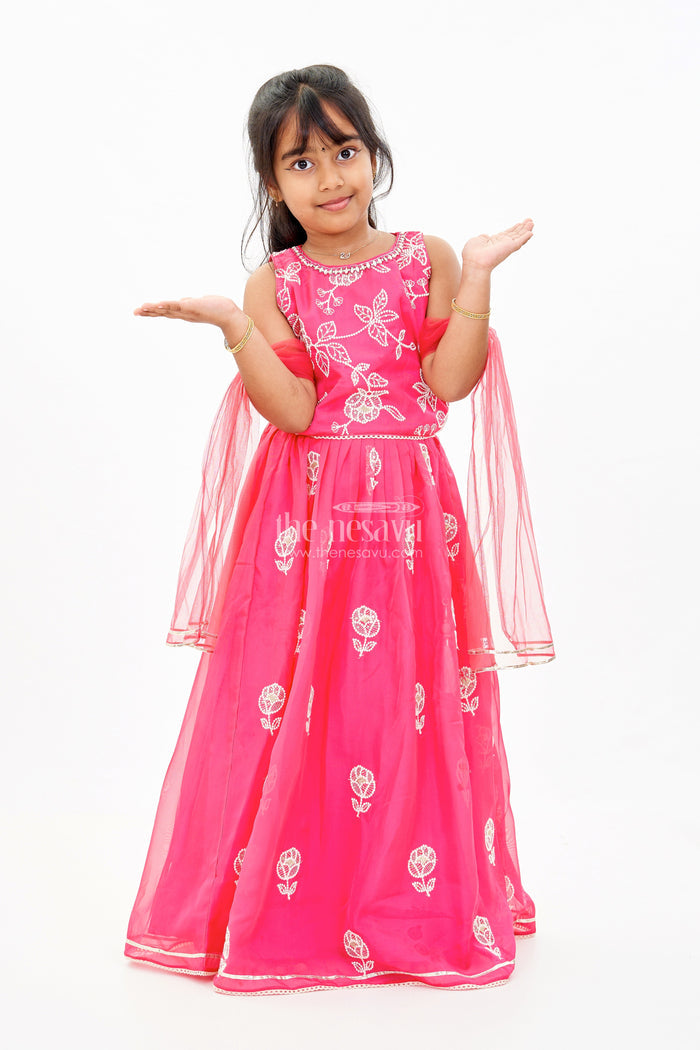 The Nesavu Girls Lehenga Choli Girls Embroidered Sharara Lehenga Choli in Red with Floral Gold Threadwork Nesavu 16 (1Y) / Pink GL570A-16 Nesavu Girls Embroidered Red Sharara Lehenga Choli Gold Mirror Work