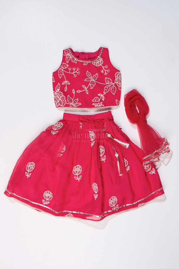 The Nesavu Girls Lehenga Choli Girls Embroidered Sharara Lehenga Choli in Red with Floral Gold Threadwork Nesavu Nesavu Girls Embroidered Red Sharara Lehenga Choli Gold Mirror Work