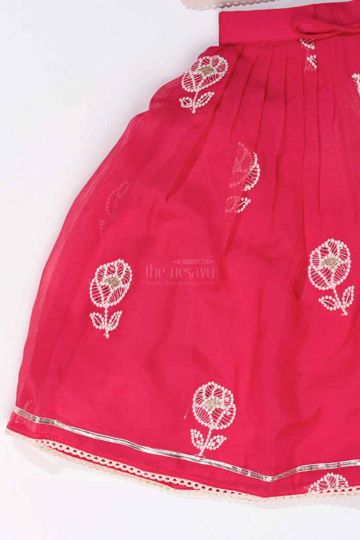 The Nesavu Girls Lehenga Choli Girls Embroidered Sharara Lehenga Choli in Red with Floral Gold Threadwork Nesavu Nesavu Girls Embroidered Red Sharara Lehenga Choli Gold Mirror Work