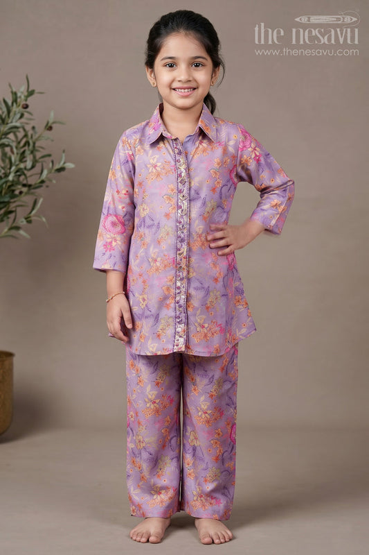The Nesavu Girls Casual Set Girls Ethnic Casual Set with Embroidered Kurta and Pants Nesavu 24 (5Y) / Purple GPS661A-24 Nesavu girls ethnic casual set embroidered kurta pants festive cultural wear