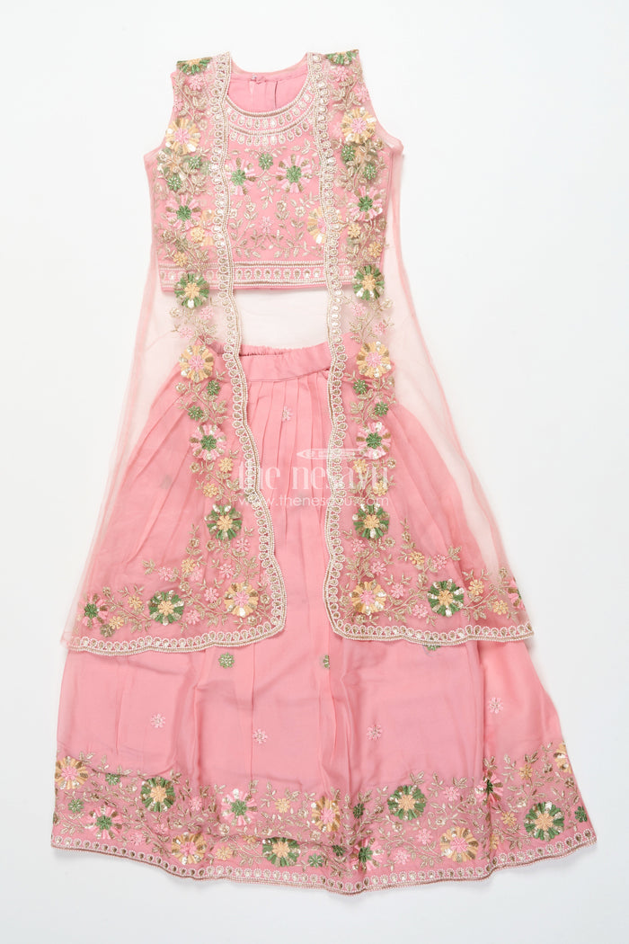 The Nesavu Girls Ethnic Lehenga Girls Ethnic Lehenga with Long Shrug for Festive and Wedding Occasions Nesavu Nesavu girls georgette lehenga set thread embroidery full-length shrug festive wear