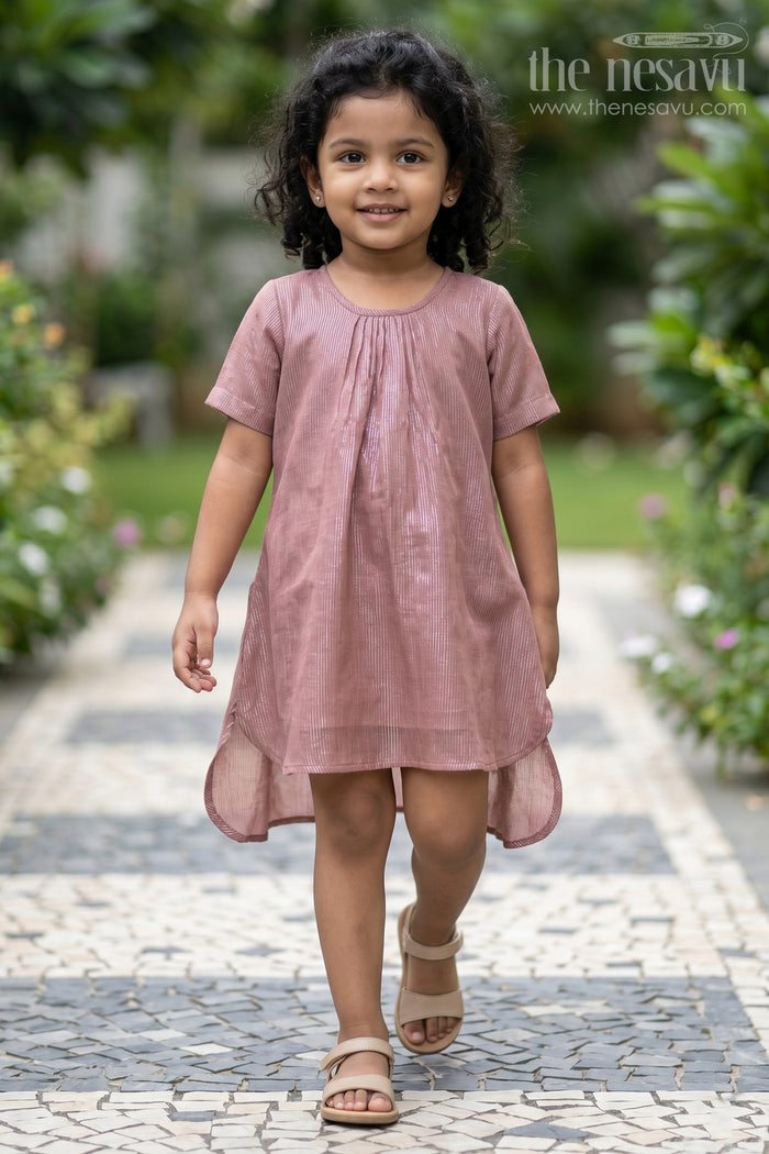 The Nesavu Girls Cotton Frock Girls Ethnic Long Frock in Shimmering Viscose Cotton with Subtle Pleats and High-Low Hem Nesavu 18 (2Y) / Pink GFC1779A-18 Girls Ethnic Long Frock Viscose Shimmer High-Low Hem Gathered Yoke | The Nesavu