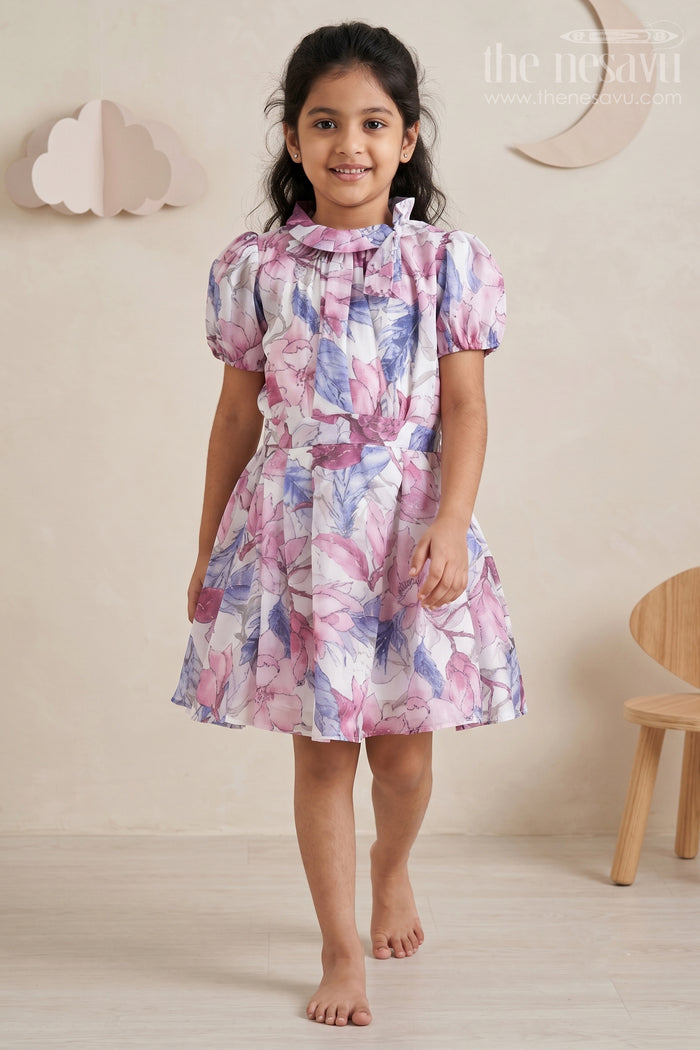 The Nesavu Girls Fancy Frock Girls Fancy Georgette Party Dress with Floral Prints and Puff Sleeves Nesavu 20 (3Y) / Pink GFC1531A-20 Floral Print Georgette Party Dress Girls Puff Sleeves - Nesavu