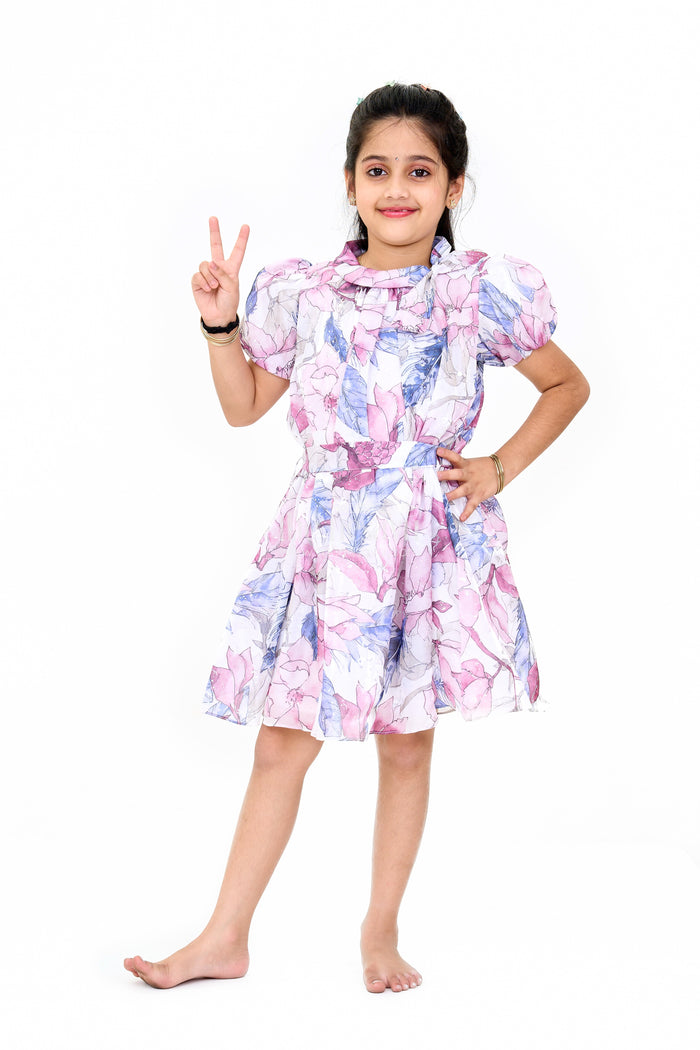The Nesavu Girls Fancy Frock Girls Fancy Georgette Party Dress with Floral Prints and Puff Sleeves Nesavu Floral Print Georgette Party Dress Girls Puff Sleeves - Nesavu