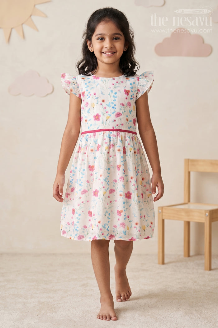 The Nesavu Girls Cotton Frock Girls Fancy Mini Dress with Floral Embroidery, Ruffled Sleeves, and Red Waistband Nesavu 20 (3Y) / White GFC1558B-20 Girls Fancy Mini Dress Floral Embroidery Ruffled Sleeves Red Waistband | The Nesavu