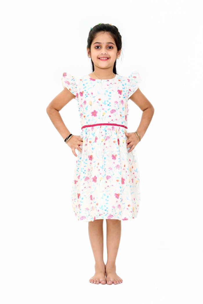 The Nesavu Girls Cotton Frock Girls Fancy Mini Dress with Floral Embroidery, Ruffled Sleeves, and Red Waistband Nesavu 20 (3Y) / White GFC1558B-20 Nesavu Girls Fancy Mini Dress Floral Embroidery Ruffled Sleeves Red Waistband