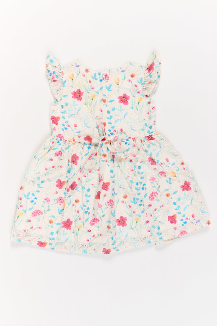 The Nesavu Girls Cotton Frock Girls Fancy Mini Dress with Floral Embroidery, Ruffled Sleeves, and Red Waistband Nesavu Nesavu Girls Fancy Mini Dress Floral Embroidery Ruffled Sleeves Red Waistband