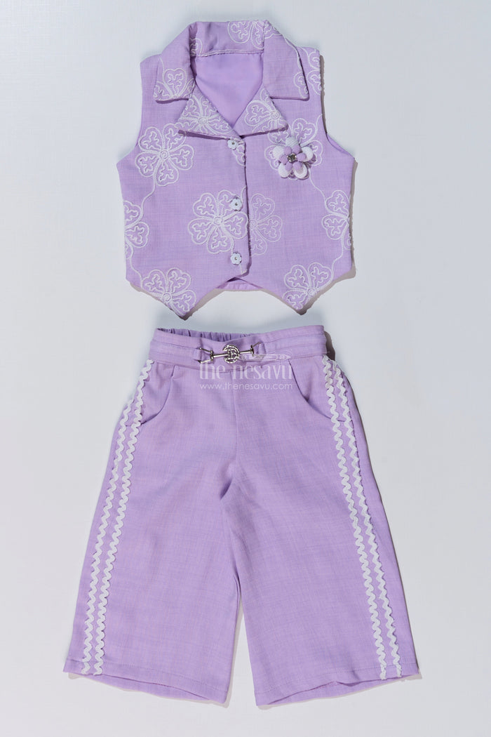 The Nesavu Girls Casual Set Girls Fancy Sharara Set in Lavender with Embroidered Jacket and Stylish Pants Nesavu Nesavu Girls Fancy Lavender Sharara Set Embroidered Jacket Flared Pants