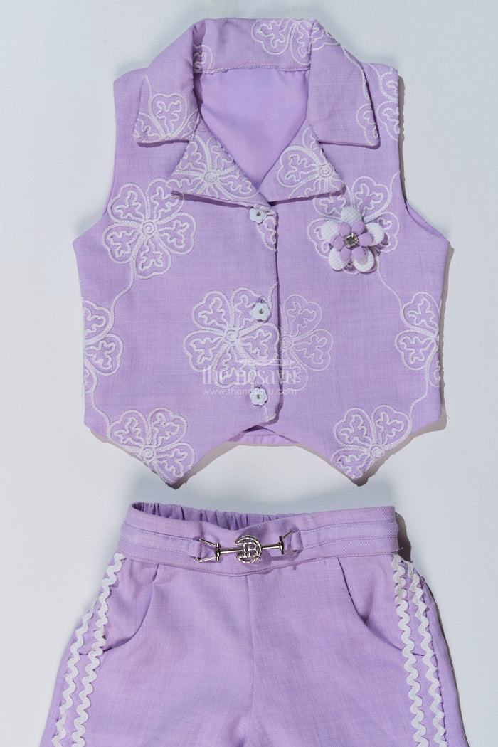 The Nesavu Girls Casual Set Girls Fancy Sharara Set in Lavender with Embroidered Jacket and Stylish Pants Nesavu Nesavu Girls Fancy Lavender Sharara Set Embroidered Jacket Flared Pants