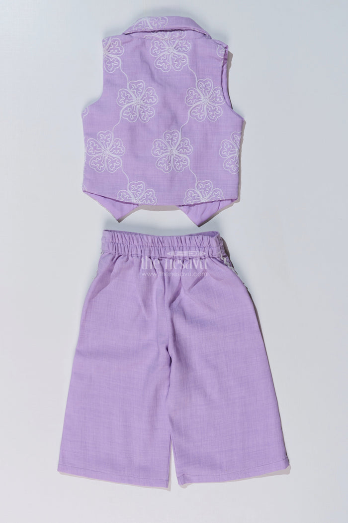 The Nesavu Girls Casual Set Girls Fancy Sharara Set in Lavender with Embroidered Jacket and Stylish Pants Nesavu Nesavu Girls Fancy Lavender Sharara Set Embroidered Jacket Flared Pants