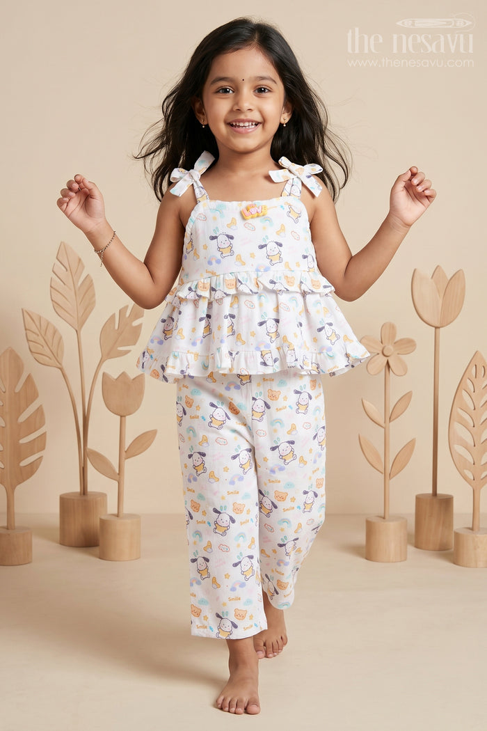The Nesavu Girls Casual Set Girls Fashionable Sharara Set in Soft Muslin with Digital Print and Ruffle Top Design Nesavu 14 (6M) / Cream GPS595A-14 Girls Fashionable Sharara Set in Muslin with Digital Print and Ruffle Top Detail | The Nesavu