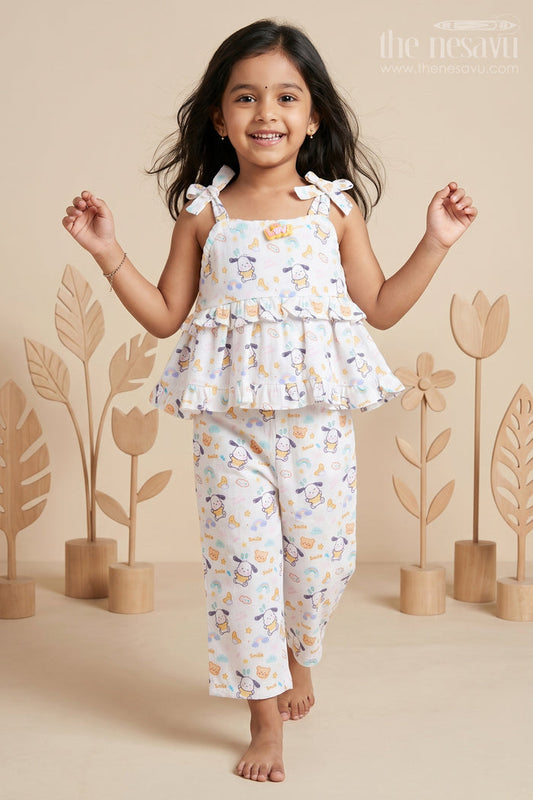 The Nesavu Girls Casual Set Girls Fashionable Sharara Set in Soft Muslin with Digital Print and Ruffle Top Design Nesavu 14 (6M) / Cream GPS595A-14 Girls Fashionable Sharara Set in Muslin with Digital Print and Ruffle Top Detail | The Nesavu