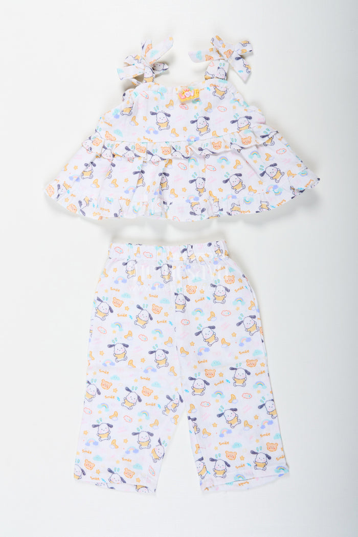 The Nesavu Girls Casual Set Girls Fashionable Sharara Set in Soft Muslin with Digital Print and Ruffle Top Design Nesavu 14 (6M) / Cream GPS595A-14 Nesavu Girls Fashionable Sharara Set in Muslin with Digital Print and Ruffle Top Detail