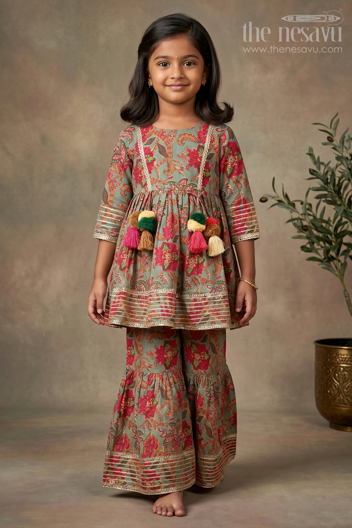 The Nesavu Girls Sharara / Plazo Set Girls Festive Block Printed Plazo Set with Flared Kurti Nesavu 16 (1Y) / Multicolor GPS838A-16 Nesavu girls cotton plazo set multicolor block print tassels  ideal weddings festive events
