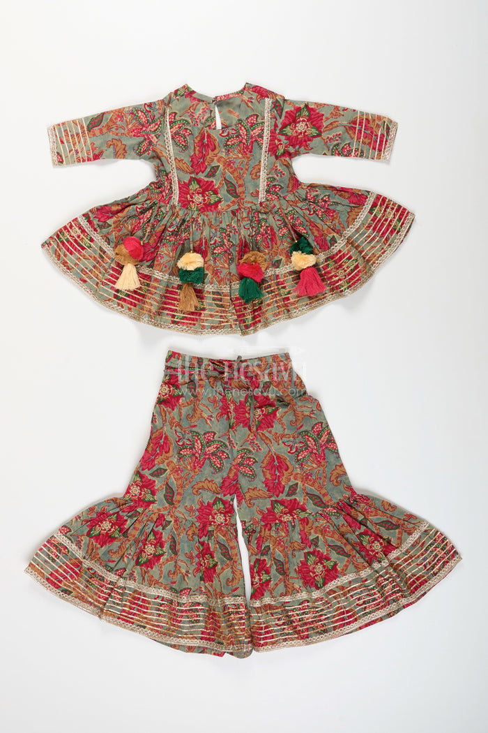 The Nesavu Girls Sharara / Plazo Set Girls festive block printed plazo set with flared kurti Nesavu Nesavu girls cotton plazo set multicolor block print tassels  ideal weddings festive events