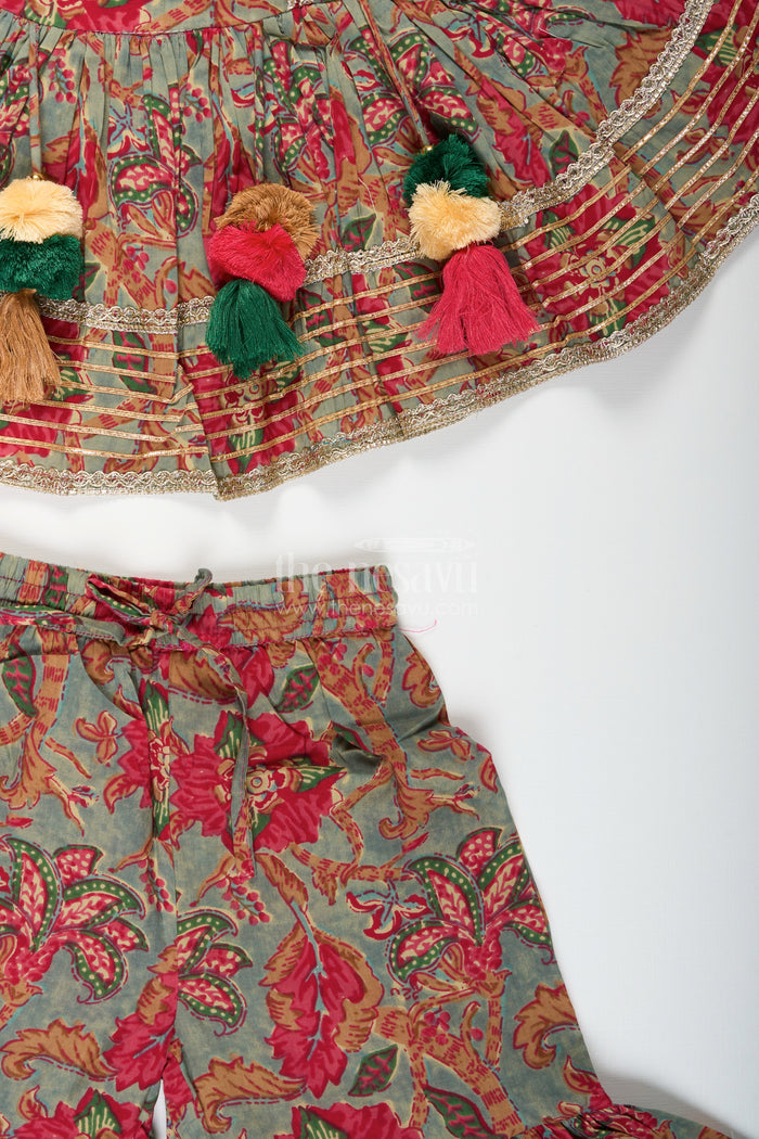 The Nesavu Girls Sharara / Plazo Set Girls festive block printed plazo set with flared kurti Nesavu Nesavu girls cotton plazo set multicolor block print tassels  ideal weddings festive events