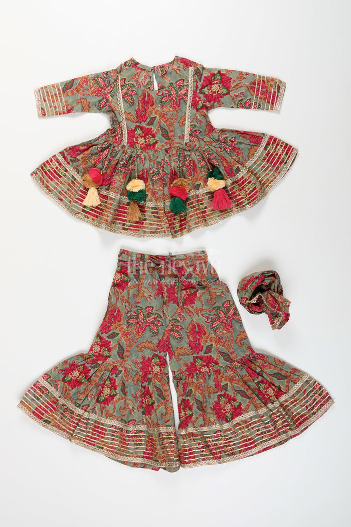 The Nesavu Girls Sharara / Plazo Set Girls festive block printed plazo set with flared kurti Nesavu Nesavu girls cotton plazo set multicolor block print tassels  ideal weddings festive events