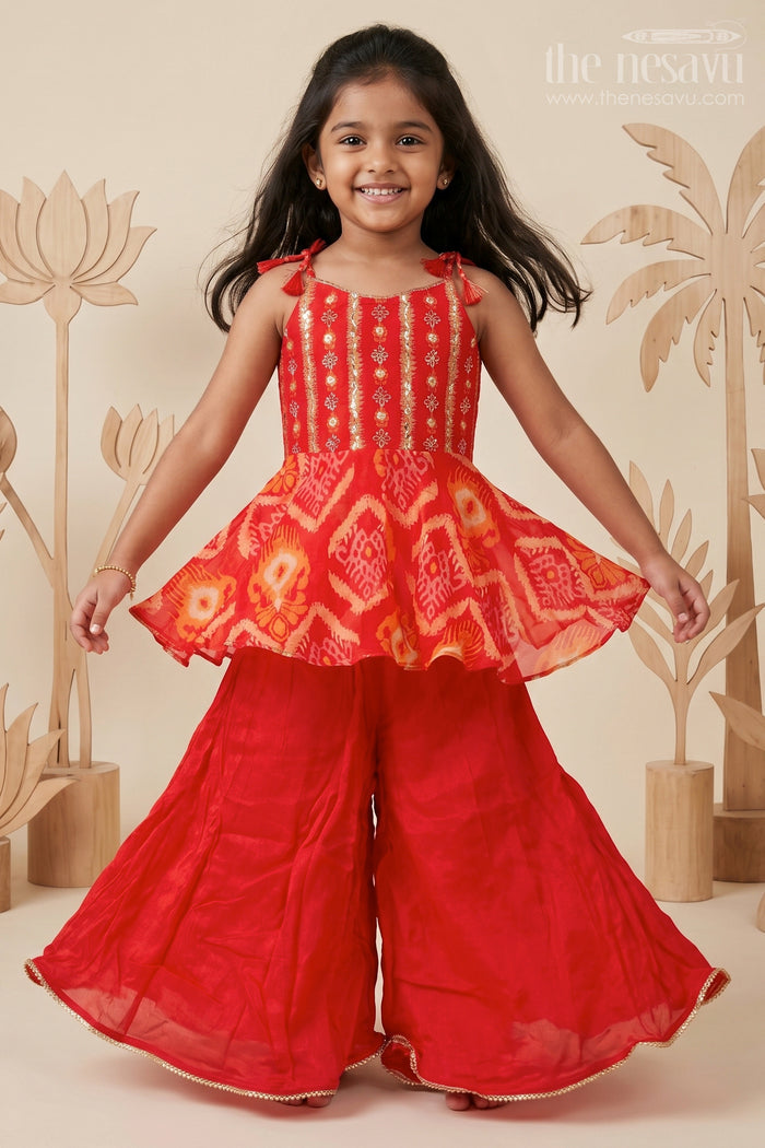 The Nesavu Girls Sharara / Plazo Set Girls Festive Georgette Sharara Set with Embroidered Yoke and Flared Pants Nesavu 18 (2Y) / Red GPS772B-18 Nesavu girls embroidered georgette sharara set  festive ethnic wear
