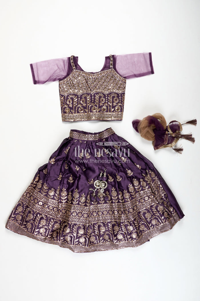 The Nesavu Girls Lehenga Choli Girls Festive Lehenga Choli Sequin Dupatta Party Look Nesavu Nesavu Deep Plum Kids Festive Lehenga Sequins Dupatta Diwali Traditional Celebrations