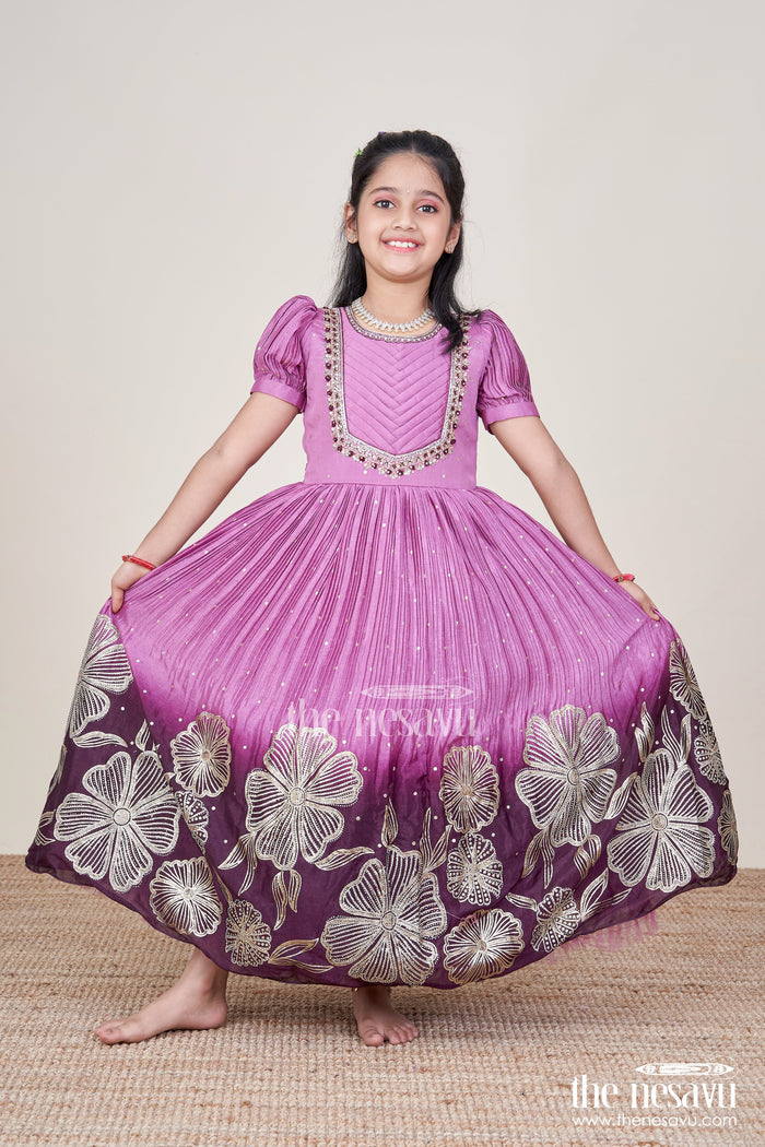 The Nesavu Girls Silk Gown Girls Festive Silk Gown with Floral Designer Yoke Nesavu Nesavu girls festive silk gown designer floral detailing