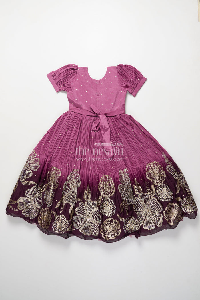 The Nesavu Girls Silk Gown Girls Festive Silk Gown with Floral Designer Yoke Nesavu Nesavu girls festive silk gown designer floral detailing