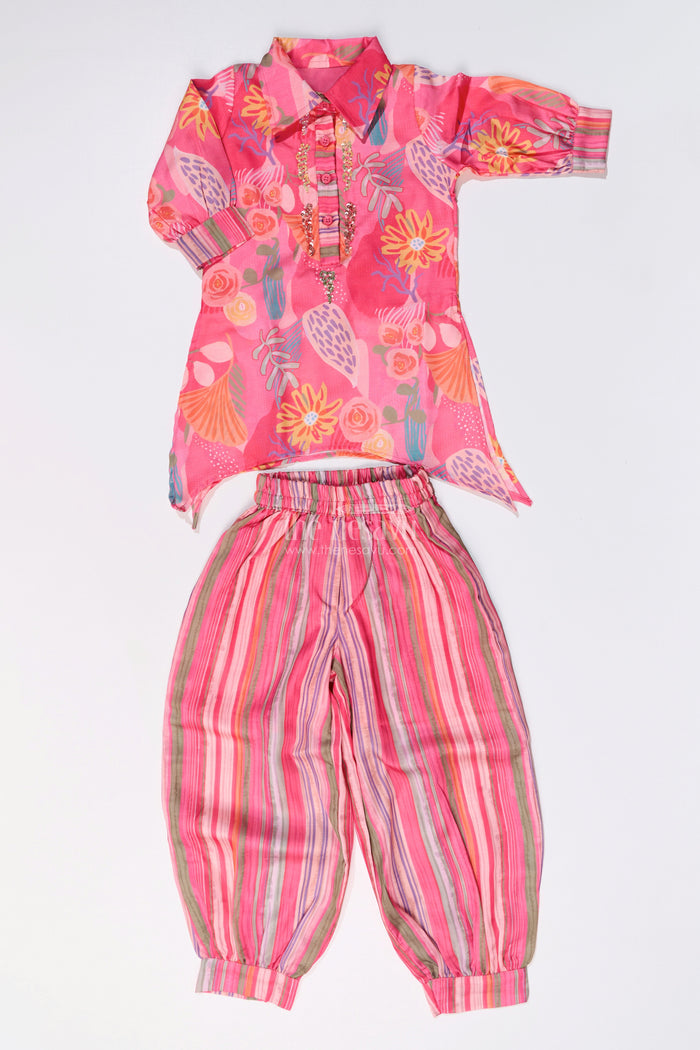 The Nesavu Girls Sharara / Plazo Set Girls Floral Co-ord Set with Bright Printed Kurti and Striped Pants in Rani Pink Nesavu Nesavu Girls Floral Co-ord Set Bright Printed Kurti Striped Pants Rani Pink