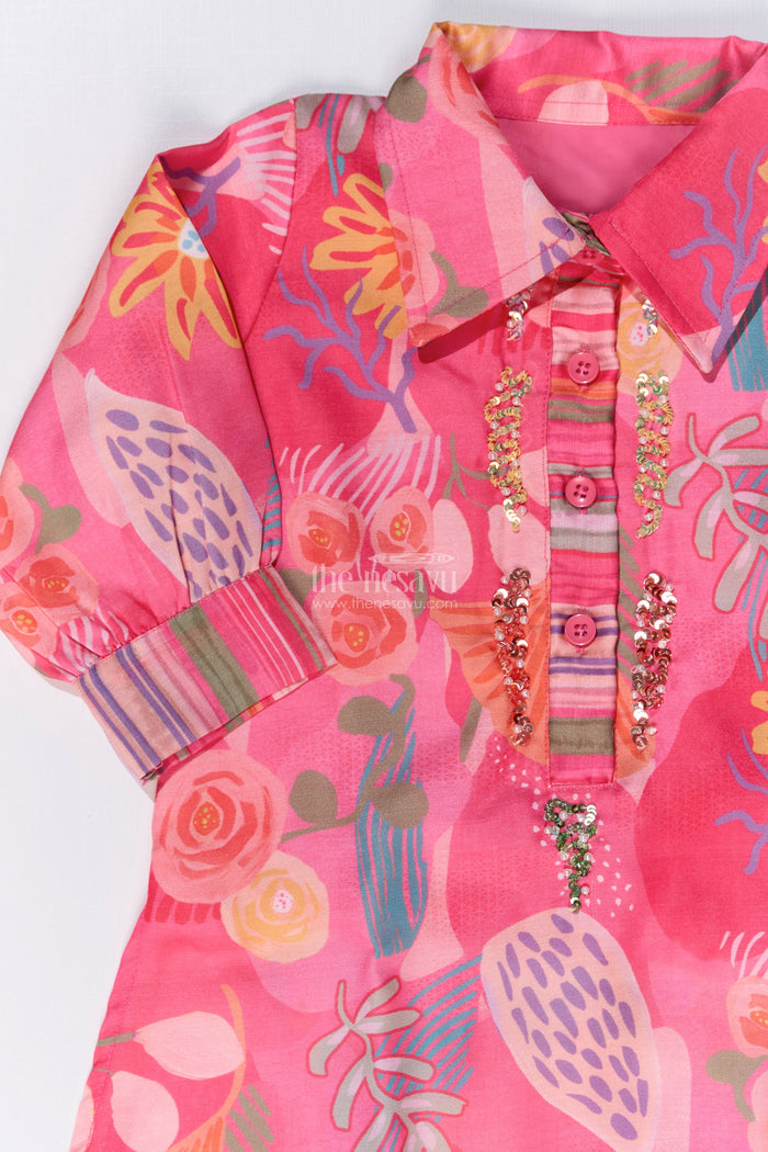 The Nesavu Girls Sharara / Plazo Set Girls Floral Co-ord Set with Bright Printed Kurti and Striped Pants in Rani Pink Nesavu Nesavu Girls Floral Co-ord Set Bright Printed Kurti Striped Pants Rani Pink