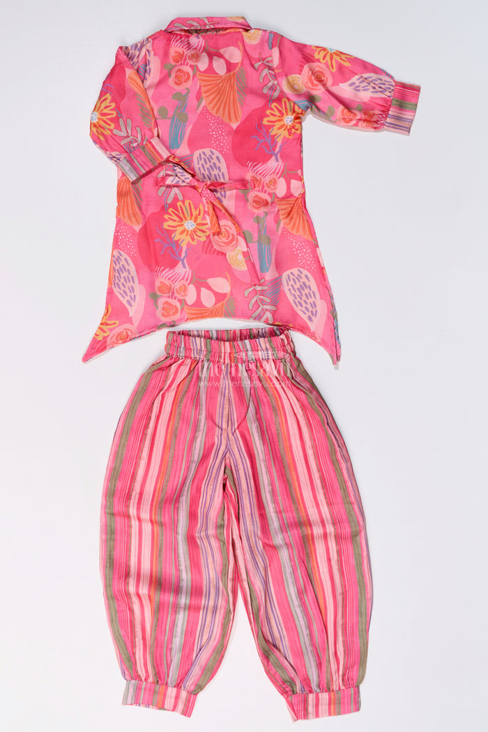 The Nesavu Girls Sharara / Plazo Set Girls Floral Co-ord Set with Bright Printed Kurti and Striped Pants in Rani Pink Nesavu Nesavu Girls Floral Co-ord Set Bright Printed Kurti Striped Pants Rani Pink