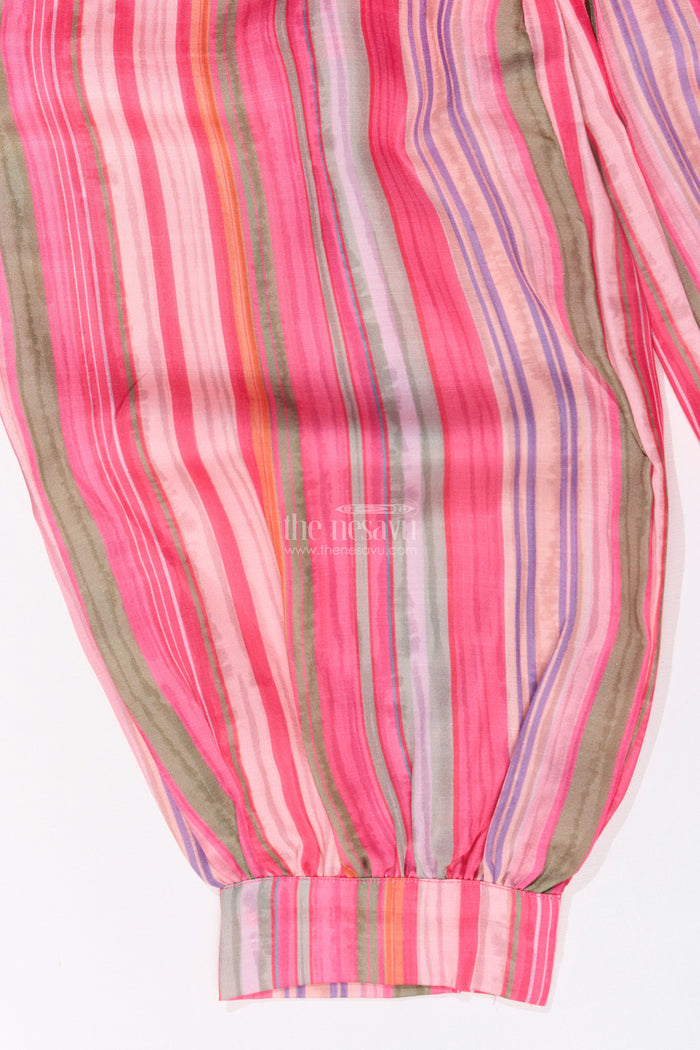 The Nesavu Girls Sharara / Plazo Set Girls Floral Co-ord Set with Bright Printed Kurti and Striped Pants in Rani Pink Nesavu Nesavu Girls Floral Co-ord Set Bright Printed Kurti Striped Pants Rani Pink