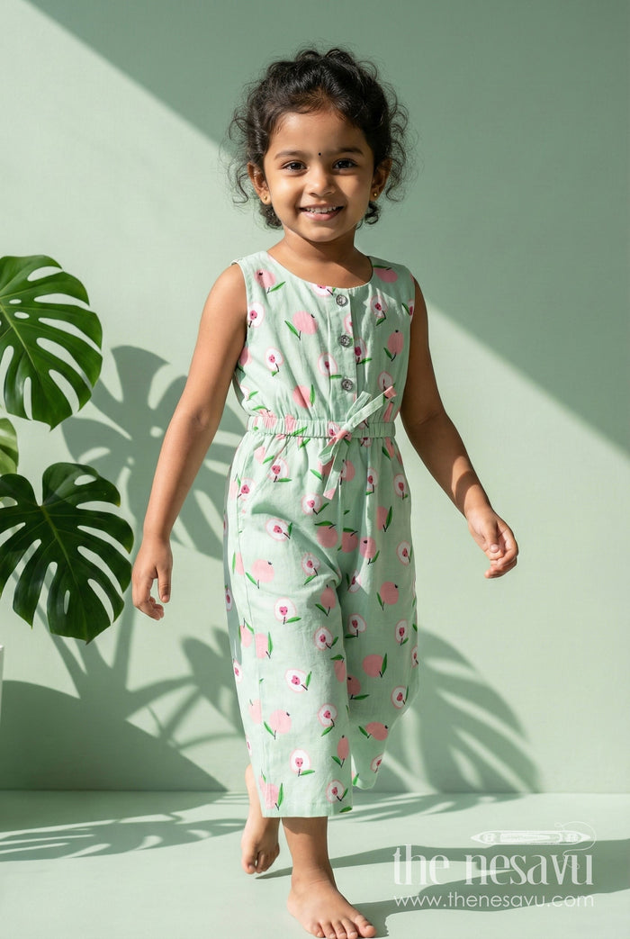 The Nesavu Girls Jumpsuit Girls Floral Cotton Jumpsuit for Summer Playdates and Casual Outings Nesavu 20 (3Y) / Green GFC1902A-20 Nesavu Girls Floral Cotton Jumpsuit Light Green Sleeveless Summer Wear Headband