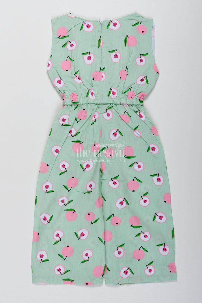The Nesavu Girls Jumpsuit Girls Floral Cotton Jumpsuit for Summer Playdates and Casual Outings Nesavu Nesavu Girls Floral Cotton Jumpsuit Light Green Sleeveless Summer Wear Headband