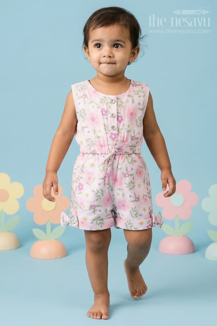 Girls Floral Cotton Jumpsuit in Pastel Tones with Headband for Vacation Days