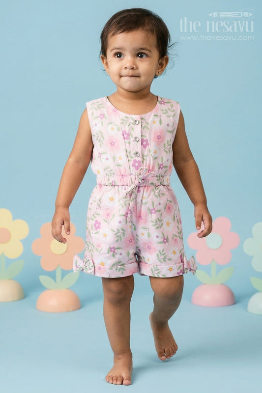 Girls Floral Cotton Jumpsuit in Pastel Tones with Headband for Vacation Days