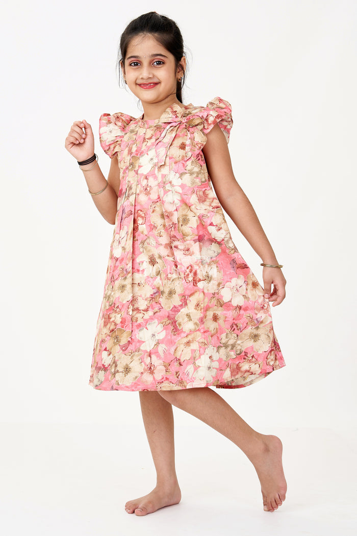 The Nesavu Girls Cotton Frock Girls Floral Evening Dress with Pleated Design and Soft Cotton Fabric for Graceful Comfort Nesavu 16 (1Y) / Pink GFC1611C-16 Girls Floral Evening Dress Ruffled Neckline Pleated Design a Chic Look | The Nesavu