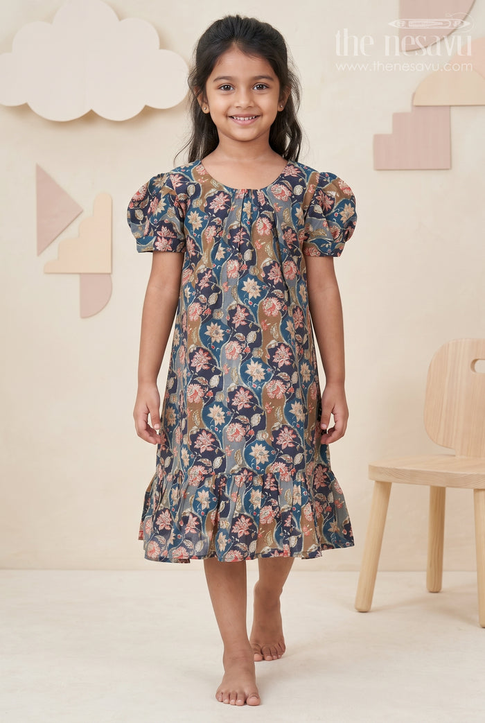 The Nesavu Girls Fancy Frock Girls Floral Frock Pattern Top in Blue Modal Silk with Ruffle Hem and Puff Sleeves for All-Day Style Nesavu 18 (2Y) / Blue GFC1753B-18 Nesavu Girls Blue Floral Modal Silk Frock Pattern Top Puff Sleeves Ruffle Hemline