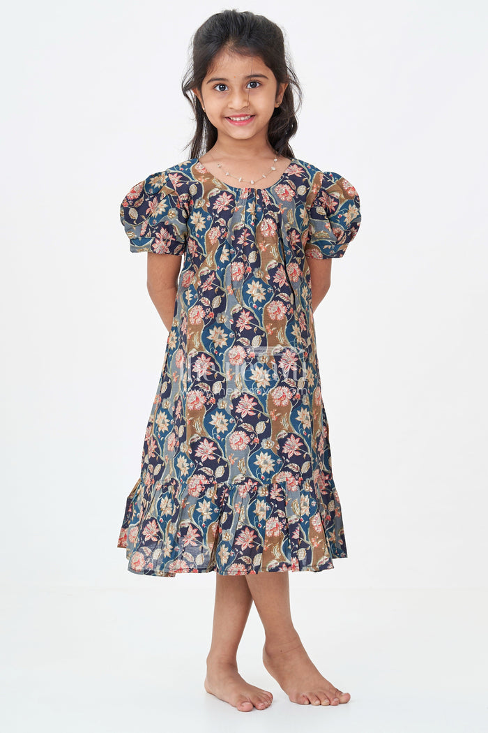 The Nesavu Girls Fancy Frock Girls Floral Frock Pattern Top in Blue Modal Silk with Ruffle Hem and Puff Sleeves for All-Day Style Nesavu 18 (2Y) / Blue GFC1753B-18 Nesavu Girls Blue Floral Modal Silk Frock Pattern Top Puff Sleeves Ruffle Hemline