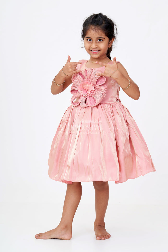 The Nesavu Girls Fancy Party Frock Girls Floral Party Dress in Glazed Organza with Oversized Textured Flower and Elegant Flared Silhouette Nesavu 16 (1Y) / Pink PF212A-16 Nesavu Girls Floral Party Dress Glazed Organza 3D Flower Embellishment Elegant Flair