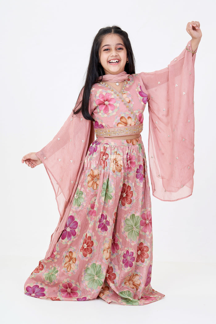 The Nesavu Girls Sharara / Plazo Set Girls Floral Plazo and Top Set with Organza Sleeves and Embroidered Details Nesavu 24 (5Y) / Maroon GPS509A-24 Nesavu Girls Floral Printed Plazo Top Set Embroidered Sleeves Dupatta