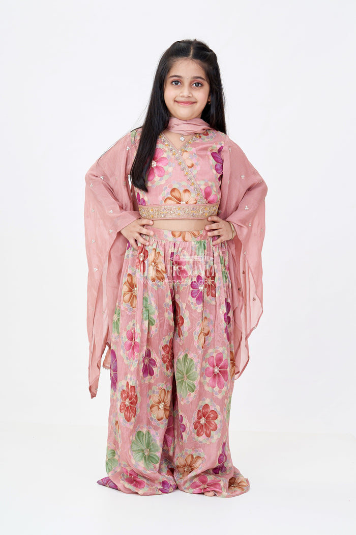 The Nesavu Girls Sharara / Plazo Set Girls Floral Plazo and Top Set with Organza Sleeves and Embroidered Details Nesavu Nesavu Girls Floral Printed Plazo Top Set Embroidered Sleeves Dupatta