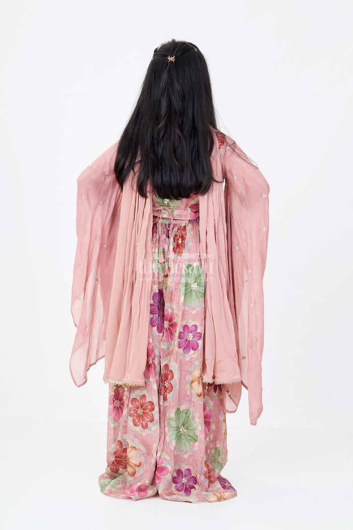 The Nesavu Girls Sharara / Plazo Set Girls Floral Plazo and Top Set with Organza Sleeves and Embroidered Details Nesavu Nesavu Girls Floral Printed Plazo Top Set Embroidered Sleeves Dupatta