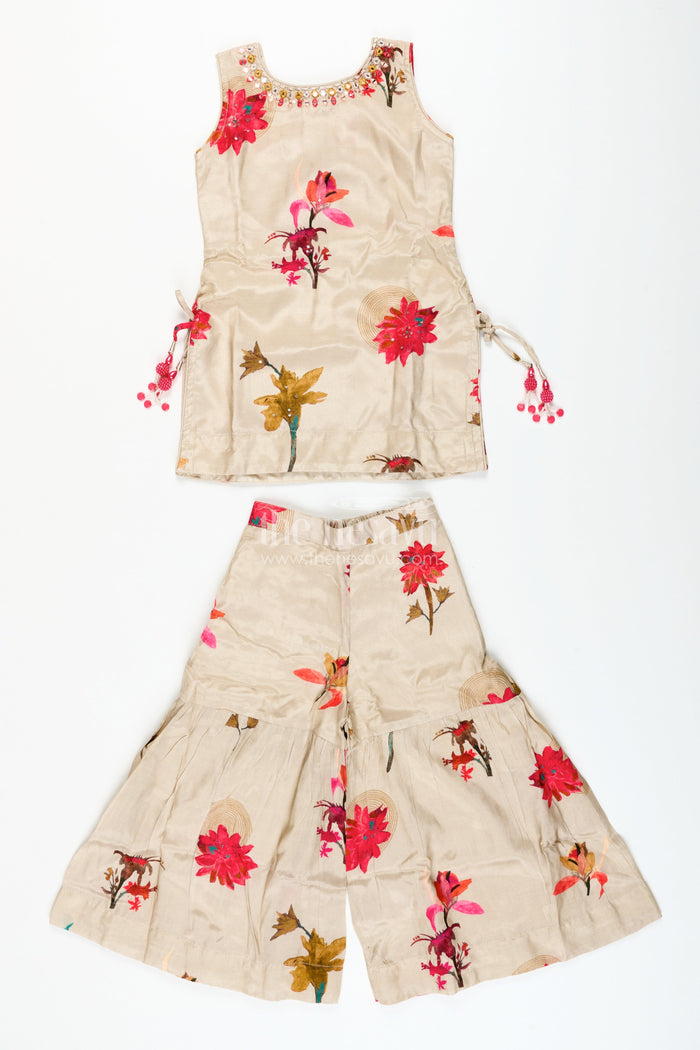 The Nesavu Girls Sharara / Plazo Set Girls Floral Plazo Set with Muslin Silk Top for Festive Day Events Nesavu Nesavu girls muslin silk plazo set floral print  perfect festive daytime events casual functions