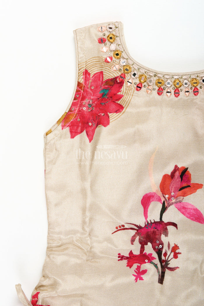 The Nesavu Girls Sharara / Plazo Set Girls Floral Plazo Set with Muslin Silk Top for Festive Day Events Nesavu Nesavu girls muslin silk plazo set floral print  perfect festive daytime events casual functions