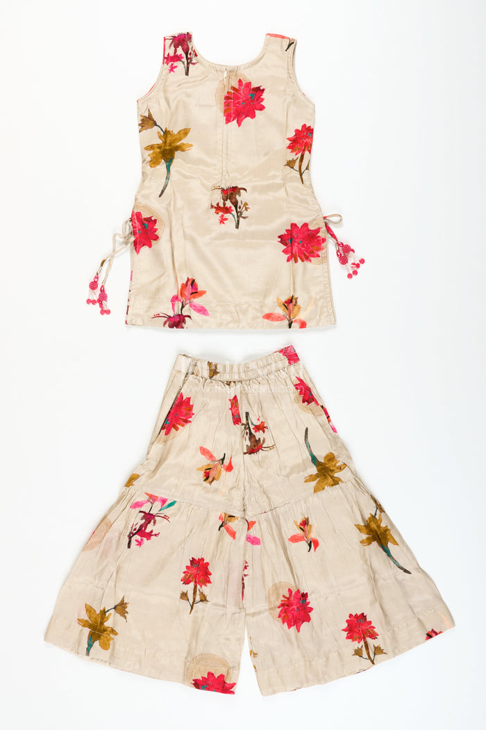 The Nesavu Girls Sharara / Plazo Set Girls Floral Plazo Set with Muslin Silk Top for Festive Day Events Nesavu Nesavu girls muslin silk plazo set floral print  perfect festive daytime events casual functions