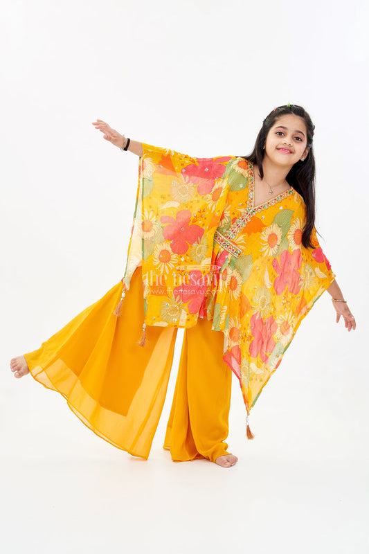 The Nesavu Girls Sharara / Plazo Set Girls Floral Printed Kurti and Plazoo Set in Chinon Silk with Dupatta for Festive Wear Nesavu 24 (5Y) / Yellow GPS556A-24 Nesavu Girls Floral Printed Kurti Plazoo Set Chinon Silk Dupatta Festive Look