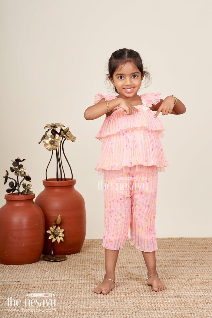 The Nesavu Girls Casual Set Girls floral ruffle set for festive days and outdoor fun Nesavu 18 (2Y) / Orange BFJ860B-18 Nesavu floral georgette girls set ruffles  festive-ready comfortable summer occasions