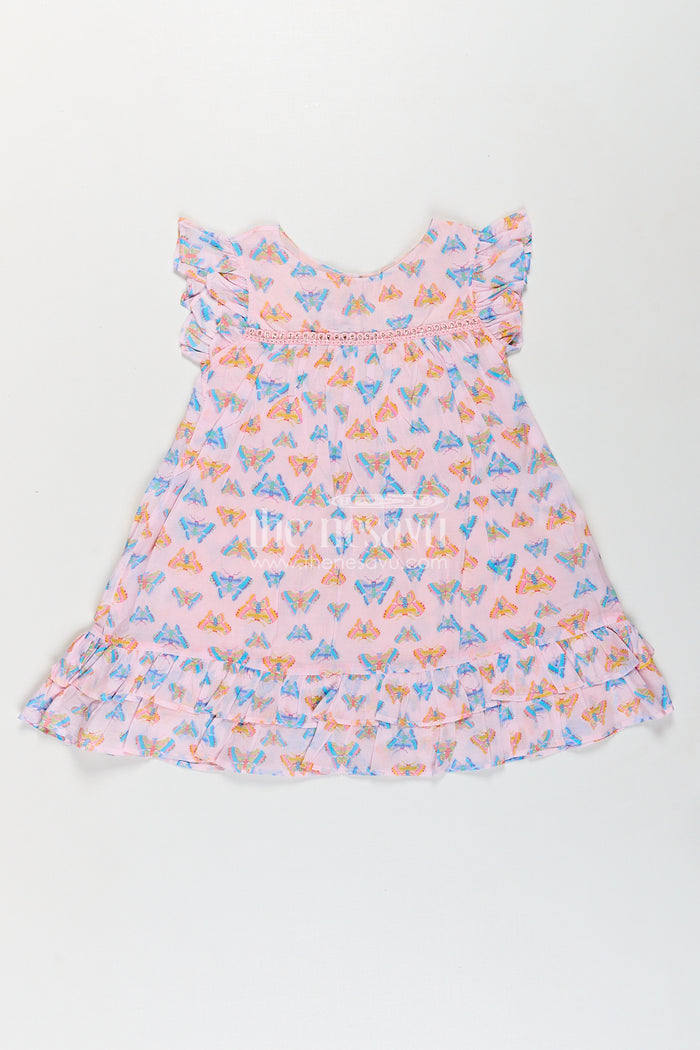 The Nesavu Girls Cotton Frock Girls Frill Sleeve Frock in Cotton with Butterfly Digital Print and Ruffle Hem for Breezy Everyday Style Nesavu 18 (2Y) / Pink GFC1762A-18 Nesavu Girls Frill Sleeve Frock Cotton Butterfly Digital Print Ruffled Hem Design