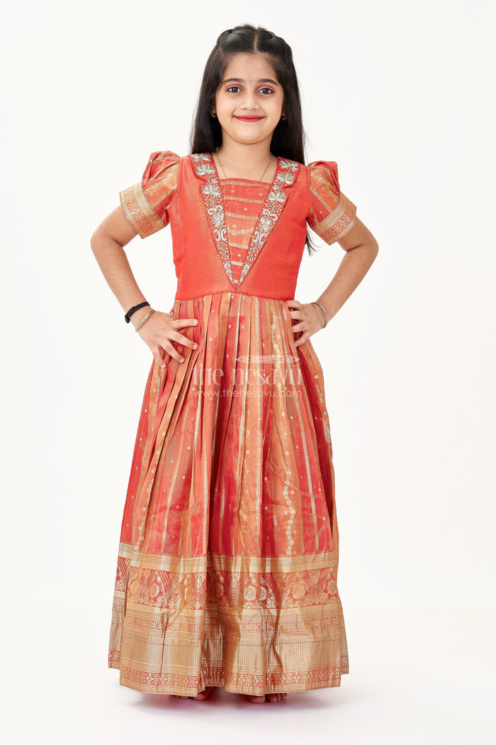 The Nesavu Girls Silk Gown Girls Frock Gown in Organza Silk Banarasi with Zari Border and Puff Sleeves Nesavu Nesavu Girls Frock Gown Organza Banarasi Silk Zari Border Puff Sleeves