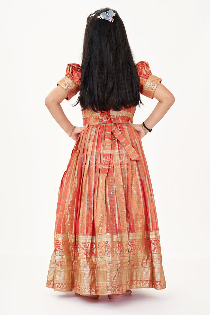 The Nesavu Girls Silk Gown Girls Frock Gown in Organza Silk Banarasi with Zari Border and Puff Sleeves Nesavu Nesavu Girls Frock Gown Organza Banarasi Silk Zari Border Puff Sleeves